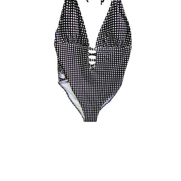 CCX Womens 14 One Piece Bathing Suit Black Gingham Plaid Lattice Cutout Swimsuit - Picture 2 of 7